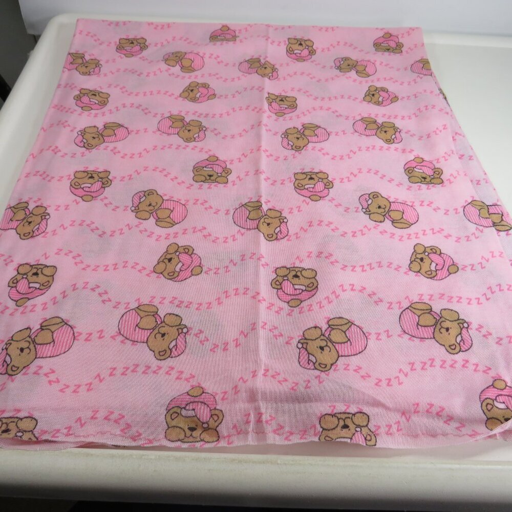 Pink FABRIC with sleeping Teddy Bear, combed cotton knit 1yd 60" wide